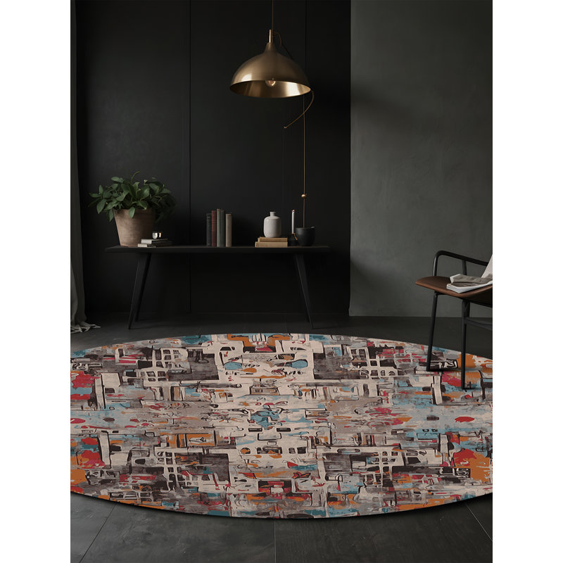 Machine Washable Gray Area Rug, Round 5'