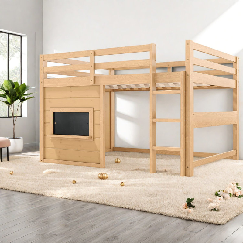 Lit mezzanine double compact avec rangement, maison de jeu rustique en bois aggloméré de pin