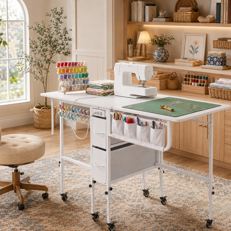 Table de couture pliable de 56,7 po x P 23,6 po avec roues et station de charge, réglable en hauteur