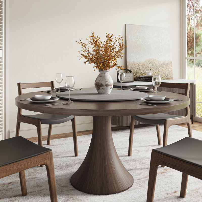 Dark Brown Thick Walnut Tone Solid Wood Dining Table With Removable Stone Lazy Susan, 29.52"H x 59.05"L x 59.05"W