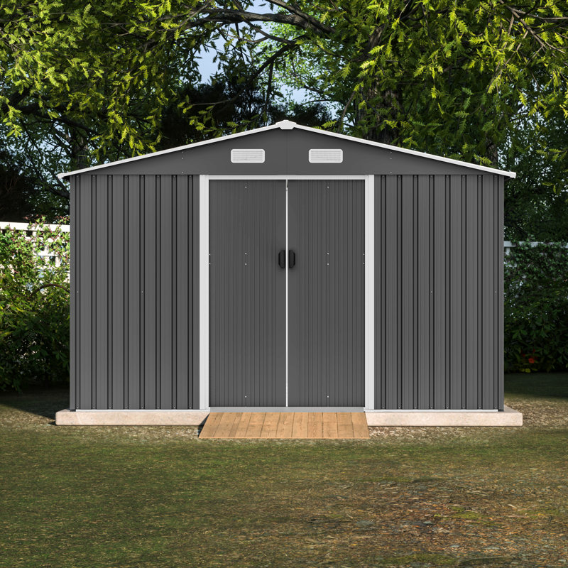 Abri de jardin métallique verrouillable de 3 x 2,4 m (10 x 8 pi), fini gris, avec fondation.