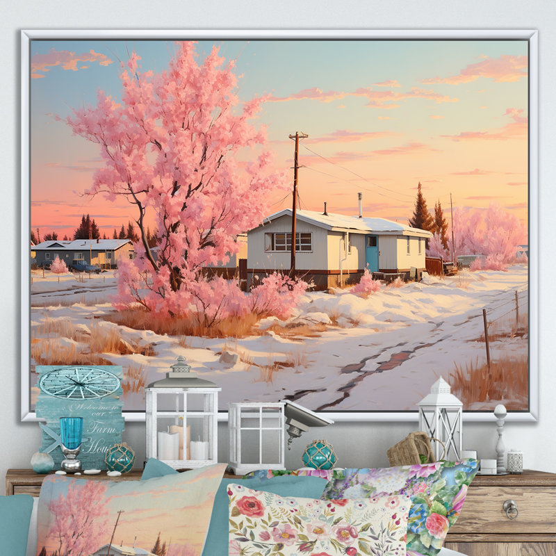«Dreamy Winter On Trailer Park - Winter Landscape», art mural, Cadre flottant blanc, H 30 po x l 40 po x P 1,5 po