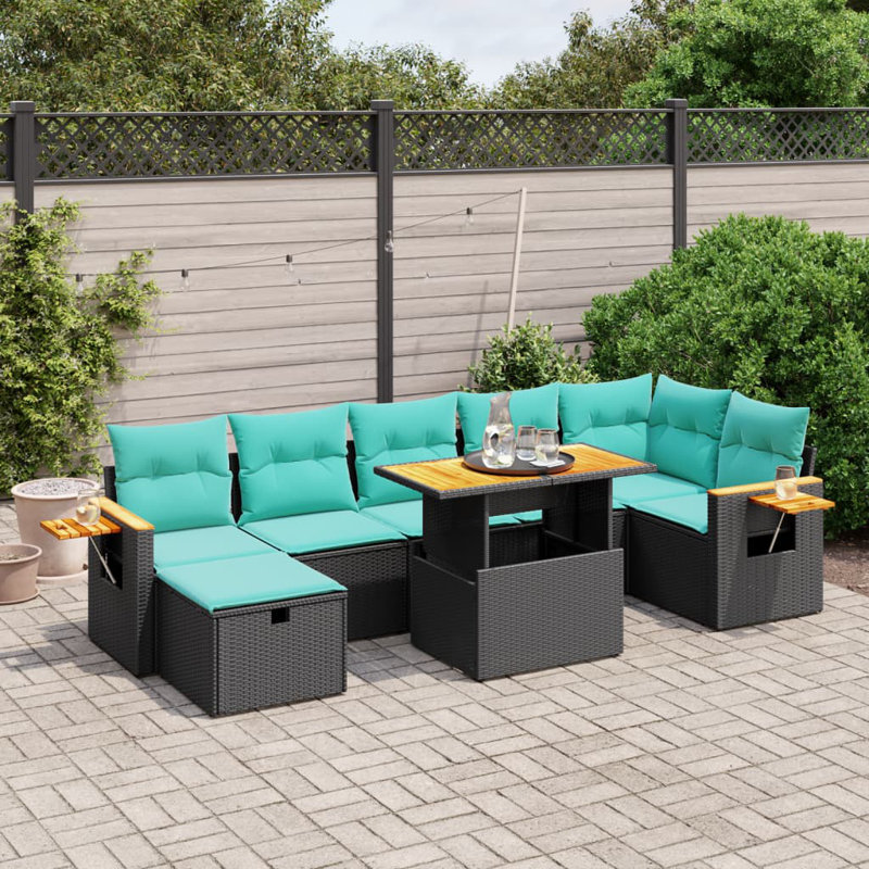  Ensemble de canapé de patio 8 pièces avec coussins en rotin de polyester, Vert, Noir
