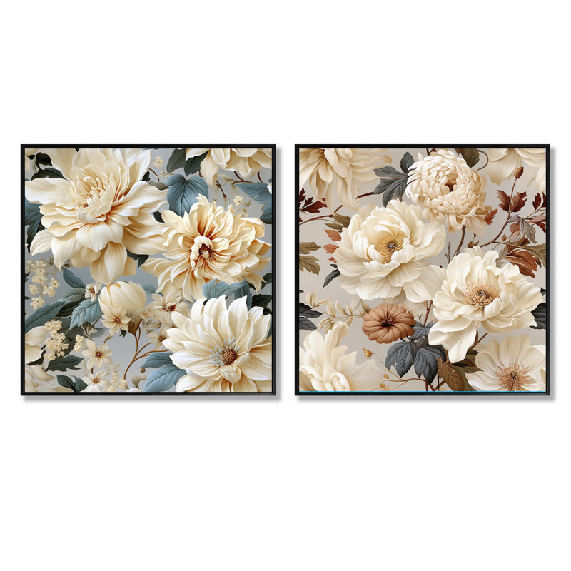 Beige doux neutre pivoines élégance II - ensemble de collage carré floral de 2, Cadre flottant noir, H 16 po x l 33 po