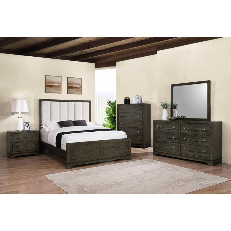 Grande chambre foncée 5 pièces avec lit à panneau, tête de lit tapissier beige Boucle, table de chevet avec rangement, commode, miroir et commode pour plus de confort