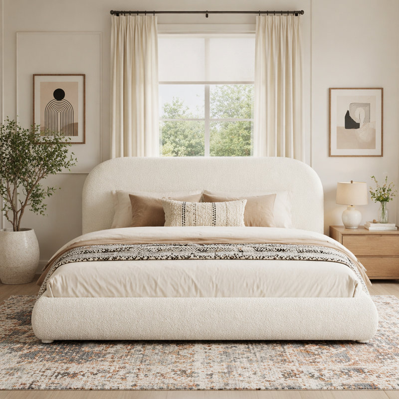 Lit tapissier simple avec lit double moderne, Grand lit, Crème
