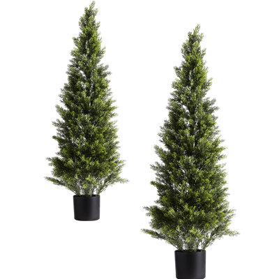 2Pcs Artificial Topiary Cedar Trees, 48 inch Faux Pine Shrubs Plants, Fake Tree Look Real, Easy Assembly for Decor Front Porch Outdoor Patio Garden Balcony Backyard Indoor Office