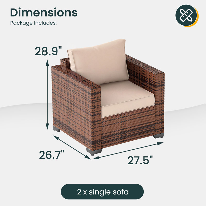 Chaise de patio d'extérieur en osier 27,5 po Azoriah Silloth (ensemble de 2), Beige, Brown