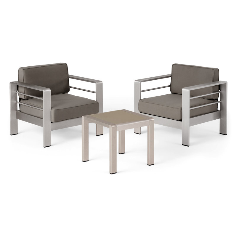 2 - Person Patio Conversation Set with Cushions, Silver Frame / Khaki Cushion