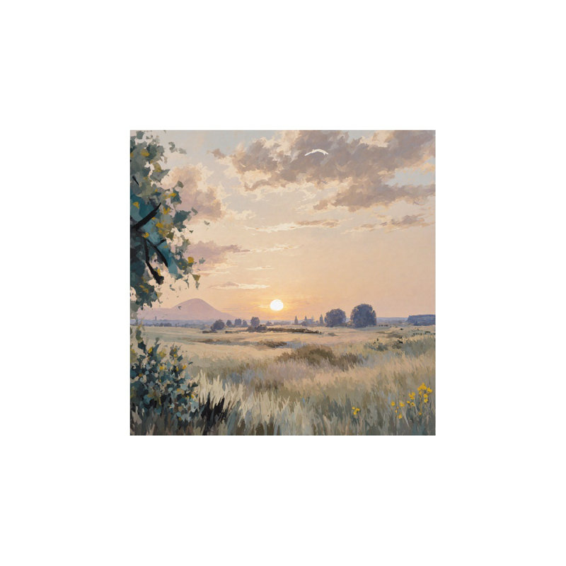 Prairie vue du lever du soleil, art mural en bois encastré, L 16 x l 16