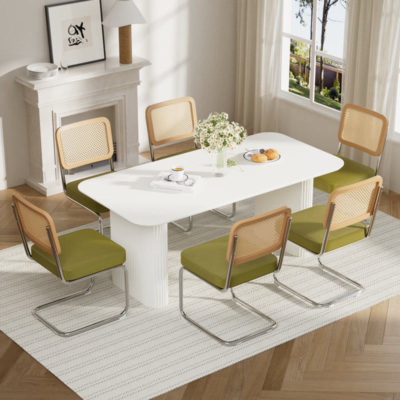 Ensemble de tables de salle à manger 70,9 po Modern, 7 pièces : table, 6 chaises, Vert olive, Blanc
