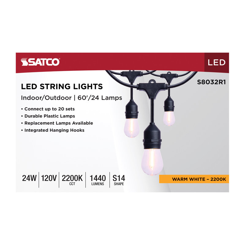 60 Foot LED String Light 24-S14 Lamps Medium Base 2200K CCT Black