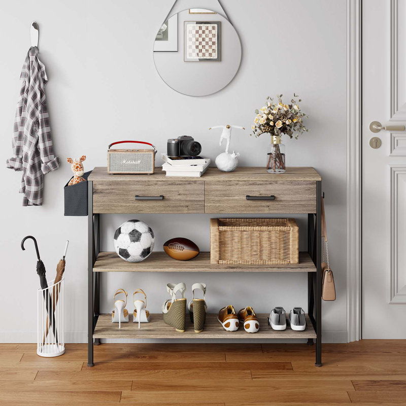 Achna 32" H x 39.4" W Solid Wood Entryway Table with 2 Drawers & 2 Open Shelves, Gray
