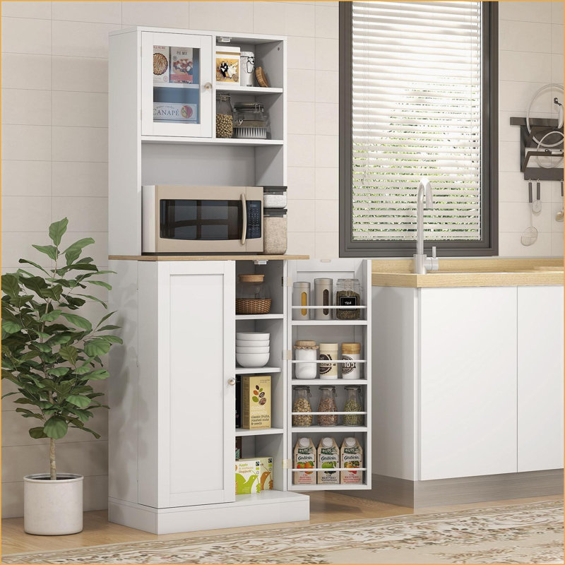 Armoire garde-manger 66,5 po avec support pour micro-ondes, 8 tablettes de porte, tablettes réglables, blanc | Panneau de particules revêtu de mélamine | Anti-basculement