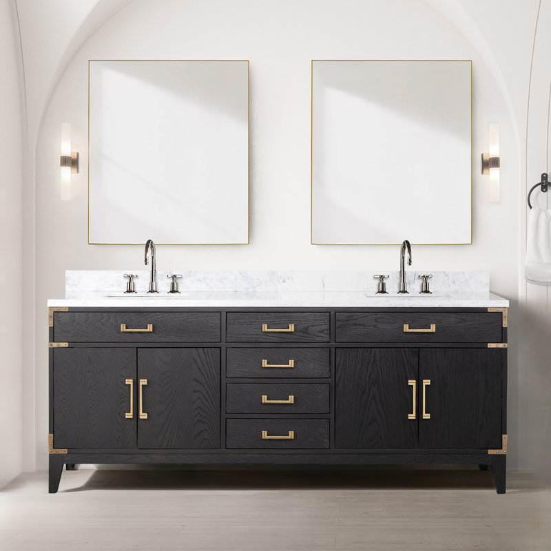 Laurel 80 in W x 22 in D Double Bath Vanity Mirrors with Faucet Set, White Carrara Marble, Black Oak