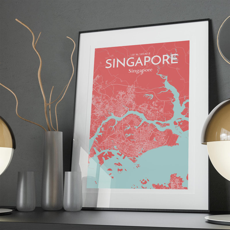 Carte de la ville de Singapour, impression, Rose / bleu pastel, H 36 po x l 24 po