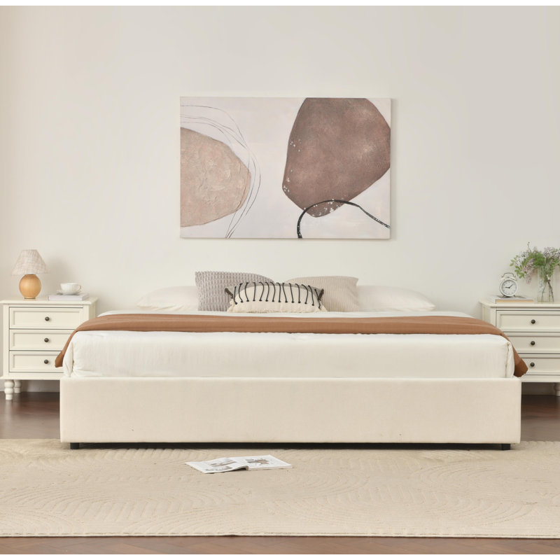 Lit plateforme tapissier avec rangement et tiroirs, Crème, crème, Très grand
