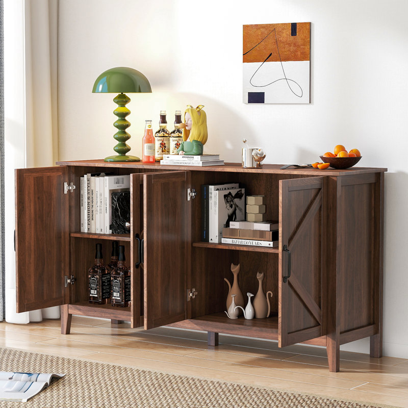 Armoire à finition noyer avec 4 portes et tablettes ouvertes - Intérieur spacieux pour le salon, la chambre à coucher, la conception de bureau