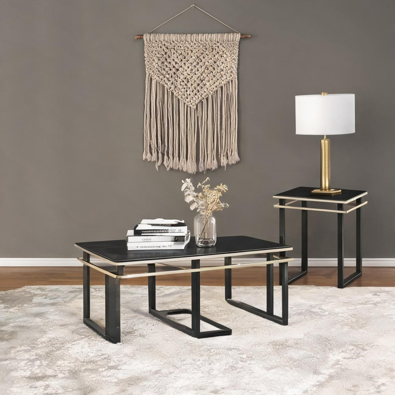 Ensemble de tables d'appoint 3 pièces avec dessus en verre trempé et cadres en métal noir, table basse de 47 pouces et deux tables de bout