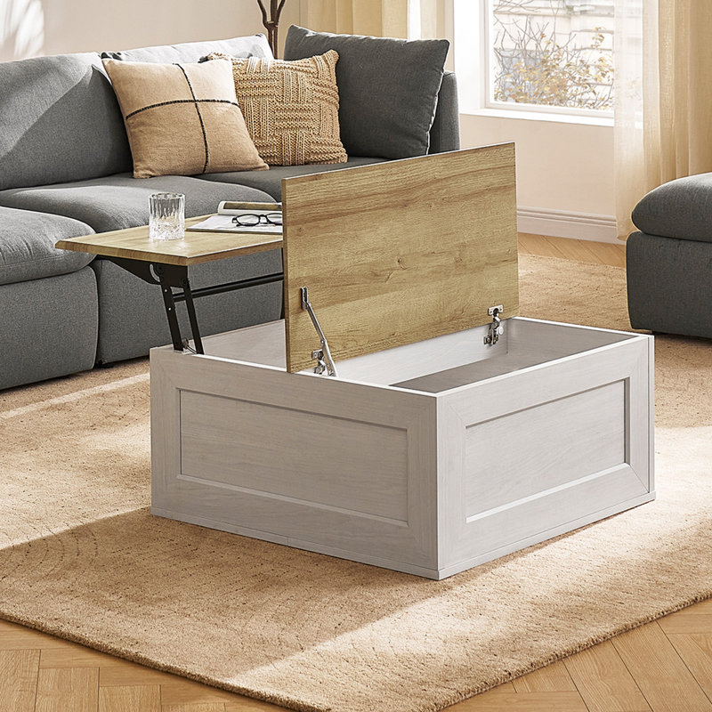 Gracie Oaks Koban Lift Top Coffee Table With Storage, Square Wood Coffee Table, Coffee Table With Easy Lifting Top, Modern Farmhouse Wood Center Table For Living Room, Chamfered Edge & Soft Closing
