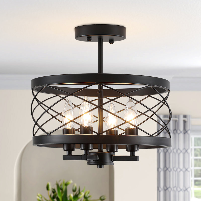 Plafonnier semi-encastré industriel 4 lumières à abat-jour cylindrique 12,59 po, Noir mat