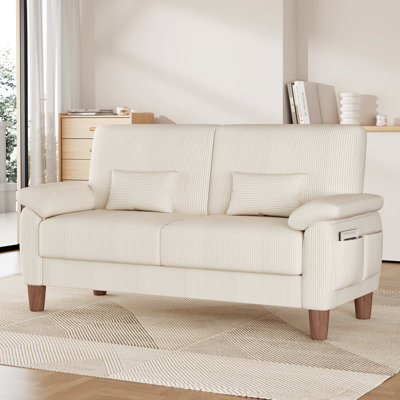 71-inch corduroy 2-seater sofa with solid wood frame, spring seat cushion and two throw pillows-Beige