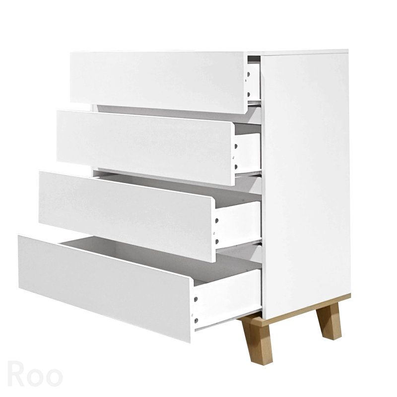 Commode de rangement moderne sans poignée à 4 tiroirs avec pieds en bois naturel massif, finition blanche