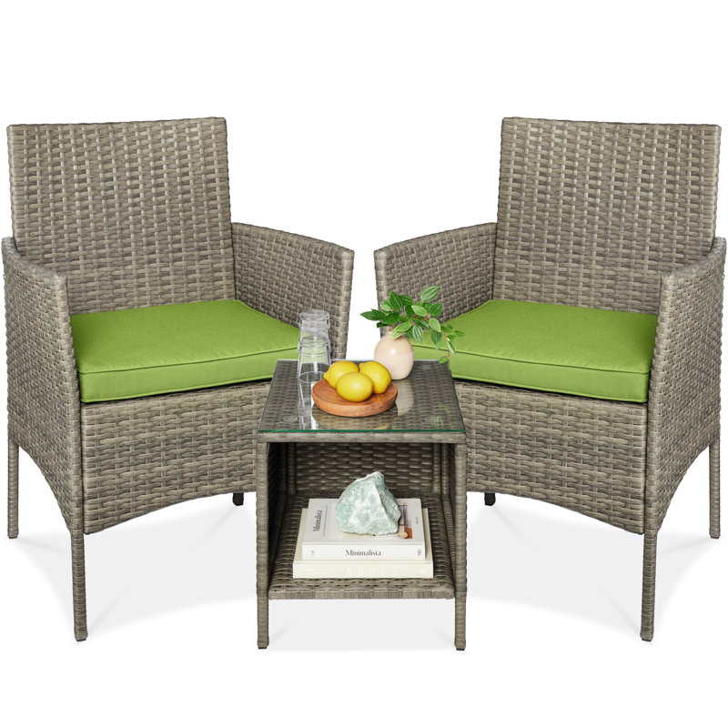  3-Piece Outdoor Wicker Conversation Patio Bistro Set, W/ 2 Chairs, Table, Pistachio, Taupe
