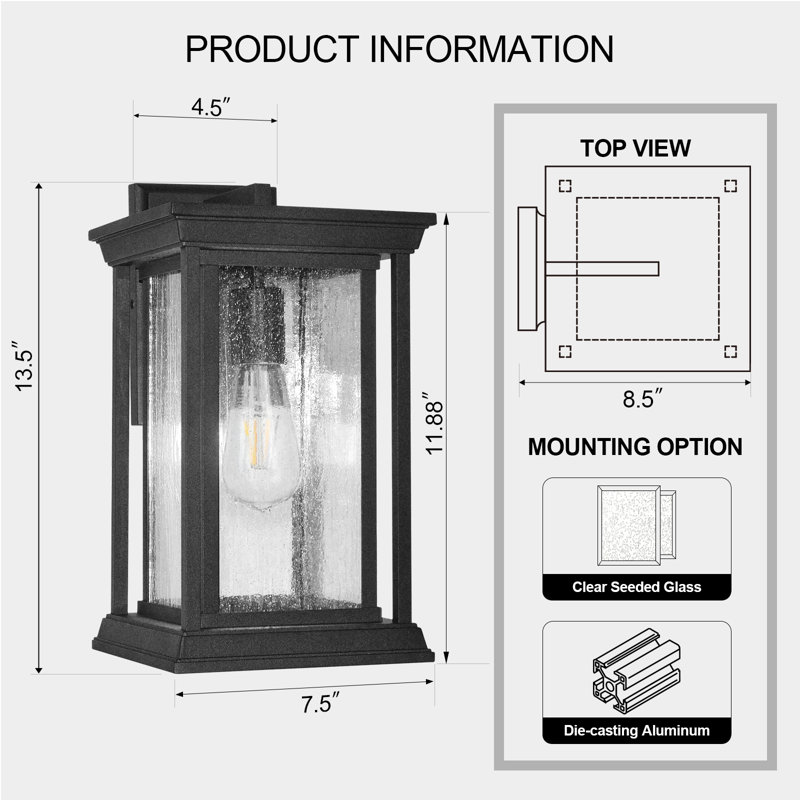 13.25" H Matte Black Exterior Wall Lantern with Seedy Glass Shade, 13.25" Height