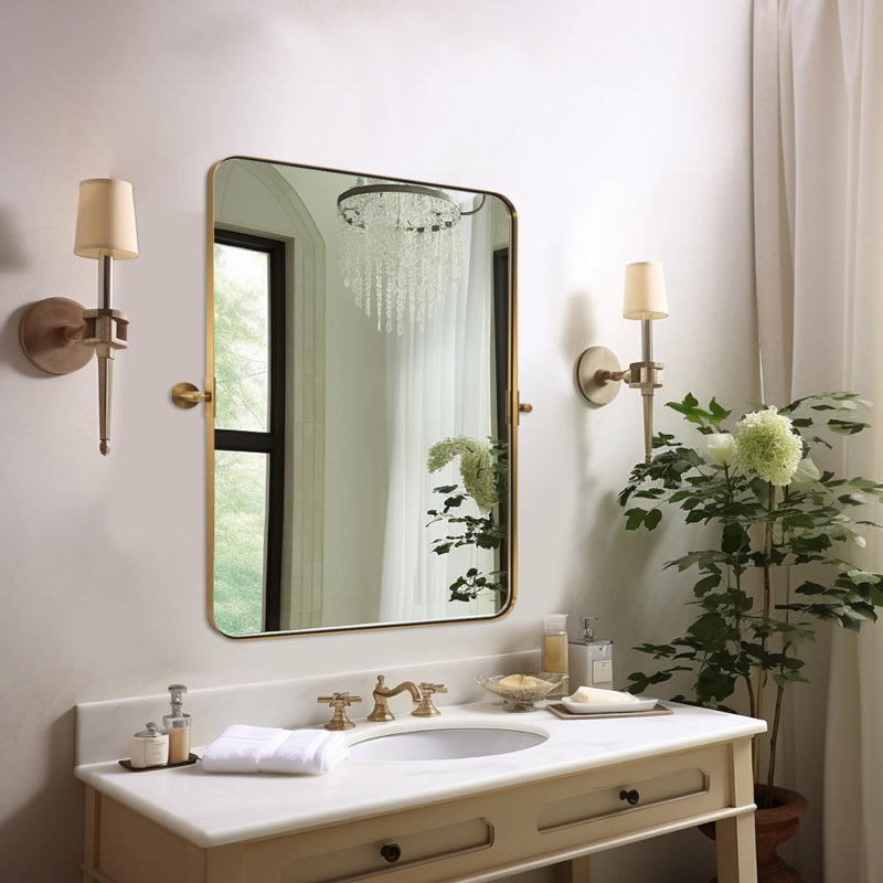 Miroir de salle de bain mural moderne inclinable | Cadre pivotant en acier inoxydable, 32 po x 24 po, Or brossé
