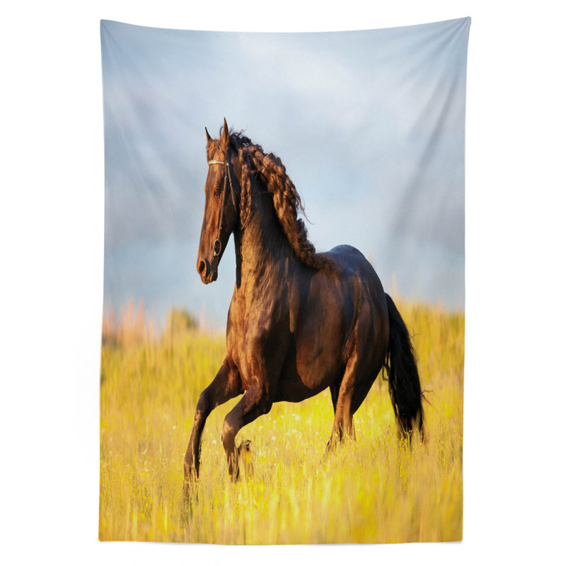 Ambesonne Horses Tablecloth, Friesian Horse With Mane Gallops In Meadow  Mystery Vitality Horse, Rectangular Table Cover For Dining Room Kitchen Decor, 52" X 70", Yellow Brown Blue