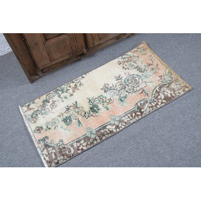 Delightful Vintage Turkish Door Mat Features Floral Design in Muted Pastel Colors for Entryway