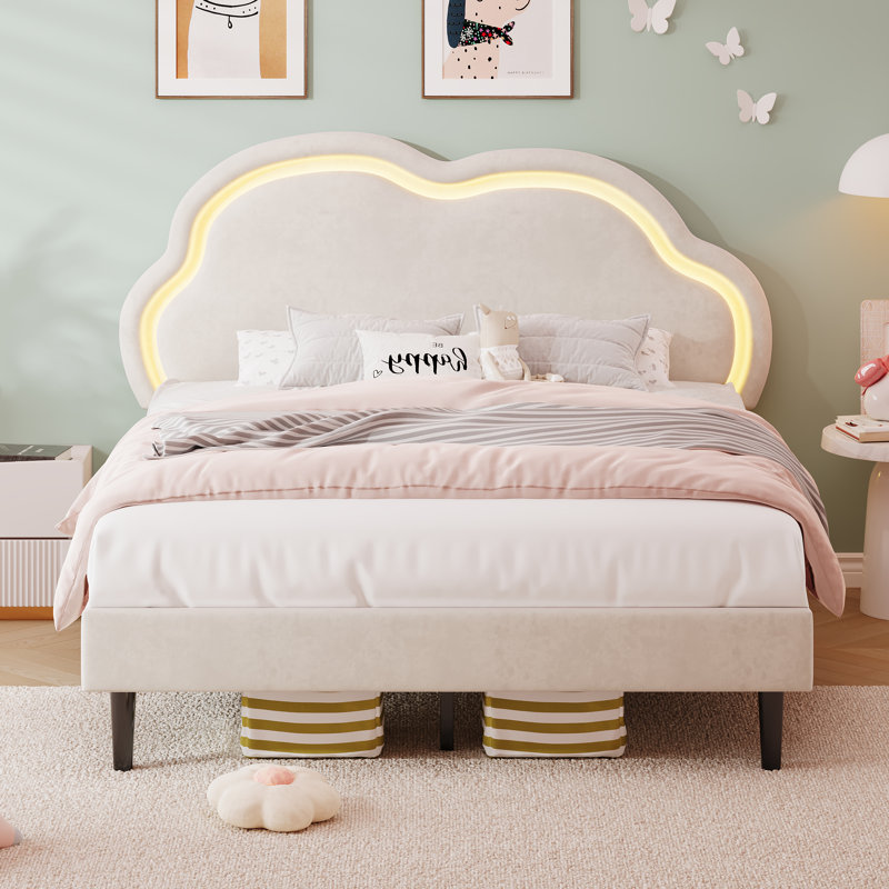 Upholstered Bed With Adjustable  Headboard Velvet, Double (4'6), White