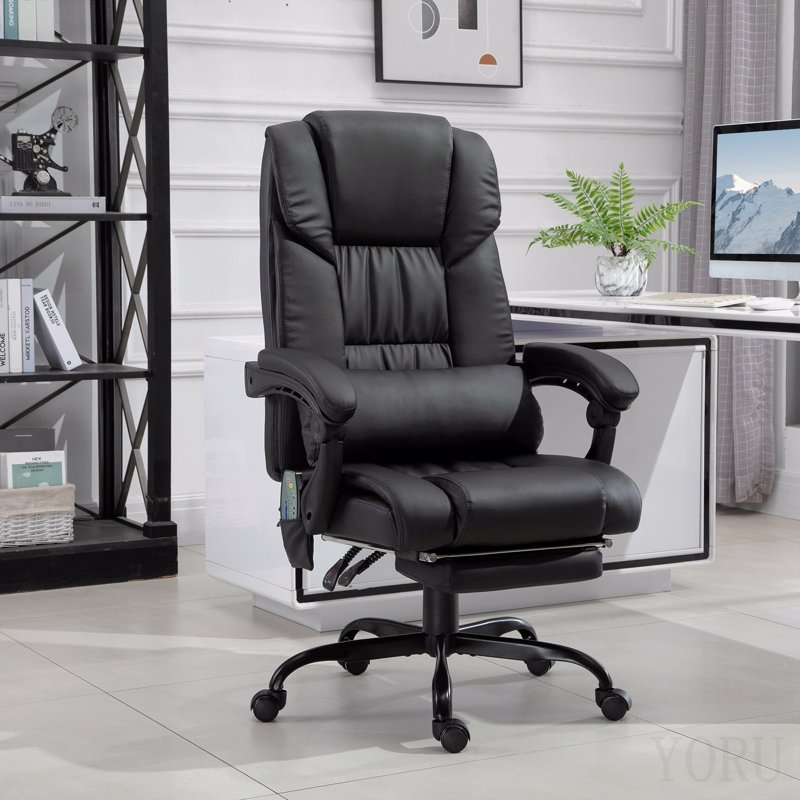 Chaise de bureau de massage à haut dossier avec 6 points de vibration, chaise d'ordinateur inclinable en cuir PU, chaise de bureau ergonomique avec repose-pieds réglable en hauteur et télécommande, noir