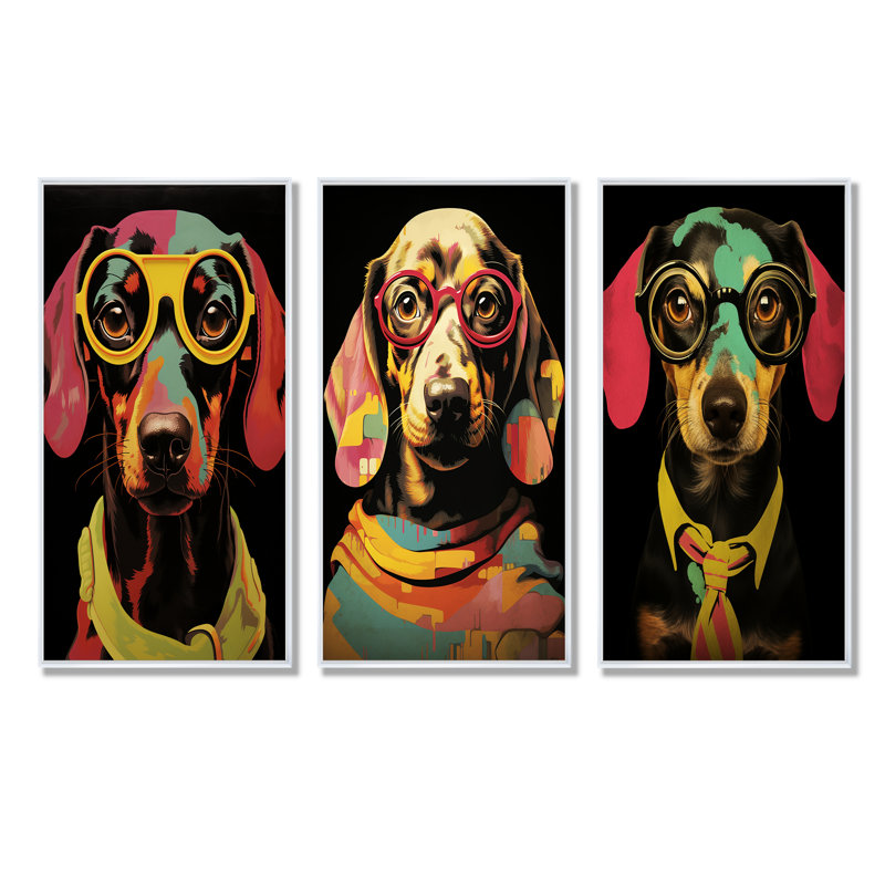 Curious Popart Daschund Dog I - Ensemble de 3 décorations murales chien Daschund, Cadre flottant blanc, H 32 po x l 48 po