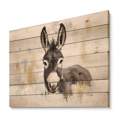 Gentle Bray Donkey By The Farm I - Modern Wooden Wall Art On Natural Pine Wood