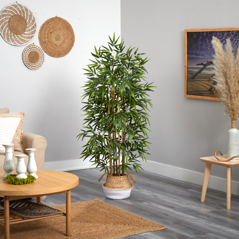 64'' Faux Bamboo Tree in Planter, Tan/White