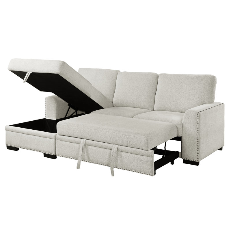 96" Wide Chenille Sleeper Sofa & Chaise, Beige Chenille, Left Hand Facing