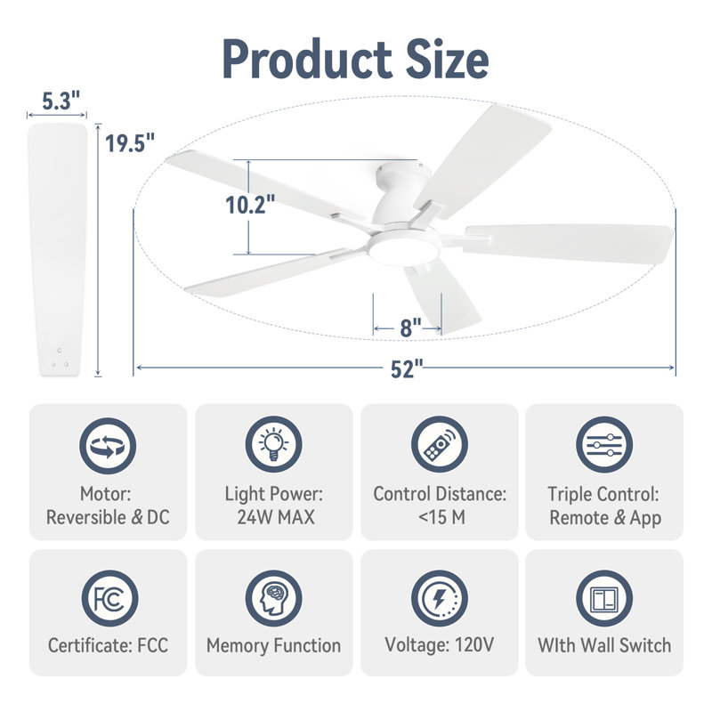 Cissline 52" 5 - Blade Flush Mount White Ceiling Fan With Led Lights, Controled With Remote Control Or App, White, 52"