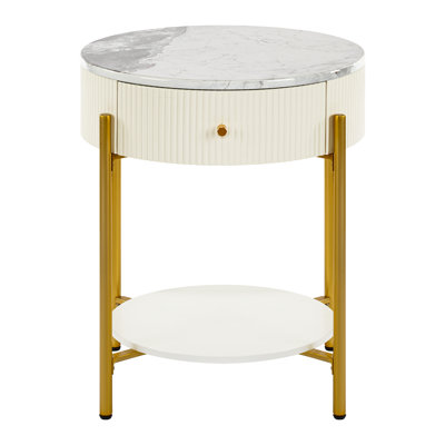 Mid-Century Modern  Marble Look Top End Side Round Table with Drawer