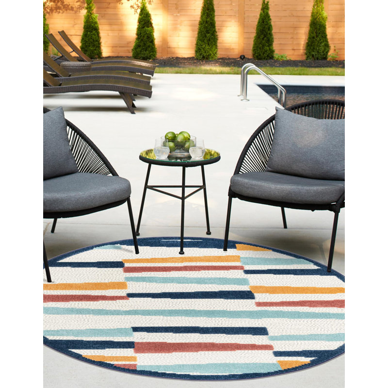 Tapis intérieur / extérieur à rayures Berberia bleu / orange / rouge, Rond 5 pi 3 po