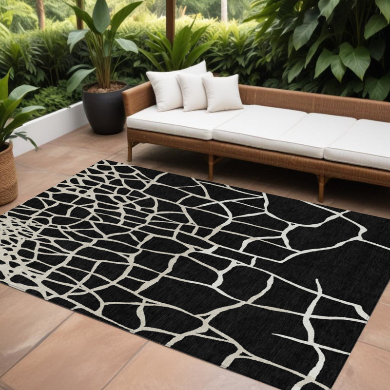 10' X 14' Black Abstract Washable Indoor Outdoor Area Rug