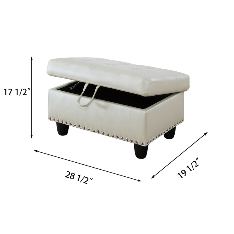 Yinn Upholstered Standard Storage Ottomans with Nails, White Faux Leather