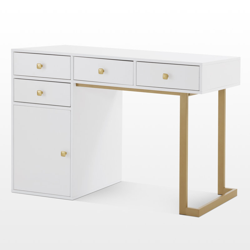 Arbadella Vanity Makeup Desk, Rectangle Accent Manicure Table with Cabinet, White/Gold