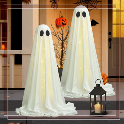 Halloween Outdoor Glowing Ghost Decor (2 Pcs) - Adjustable 60In Height, Remote String Lights (8 Modes/Timer), Custom Faces For Yard Haunted House