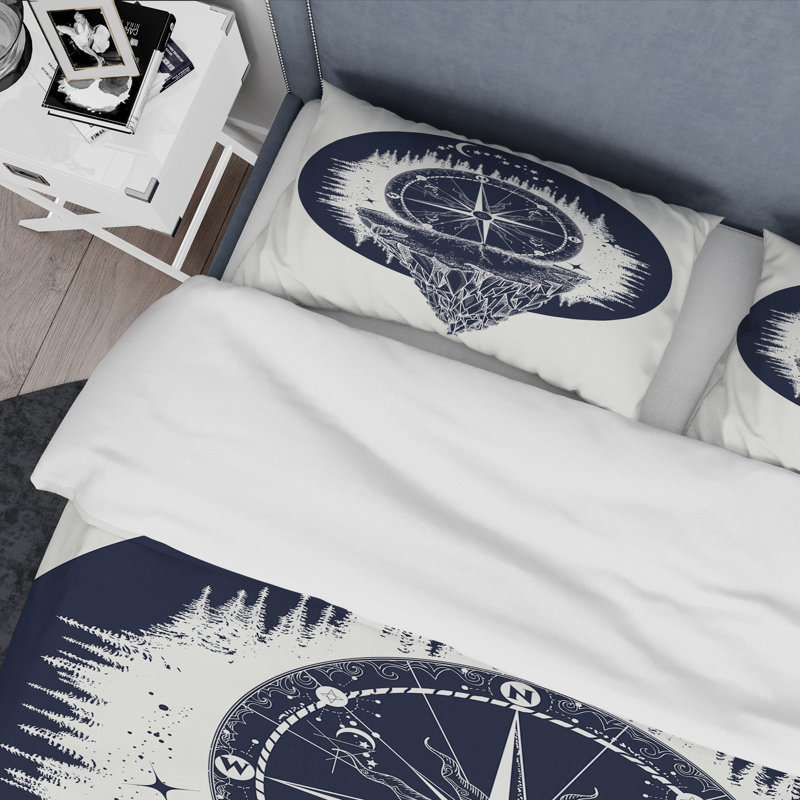Compass And Mountain - Vintage Duvet Cover Set, King Duvet Cover + 2 King Shams