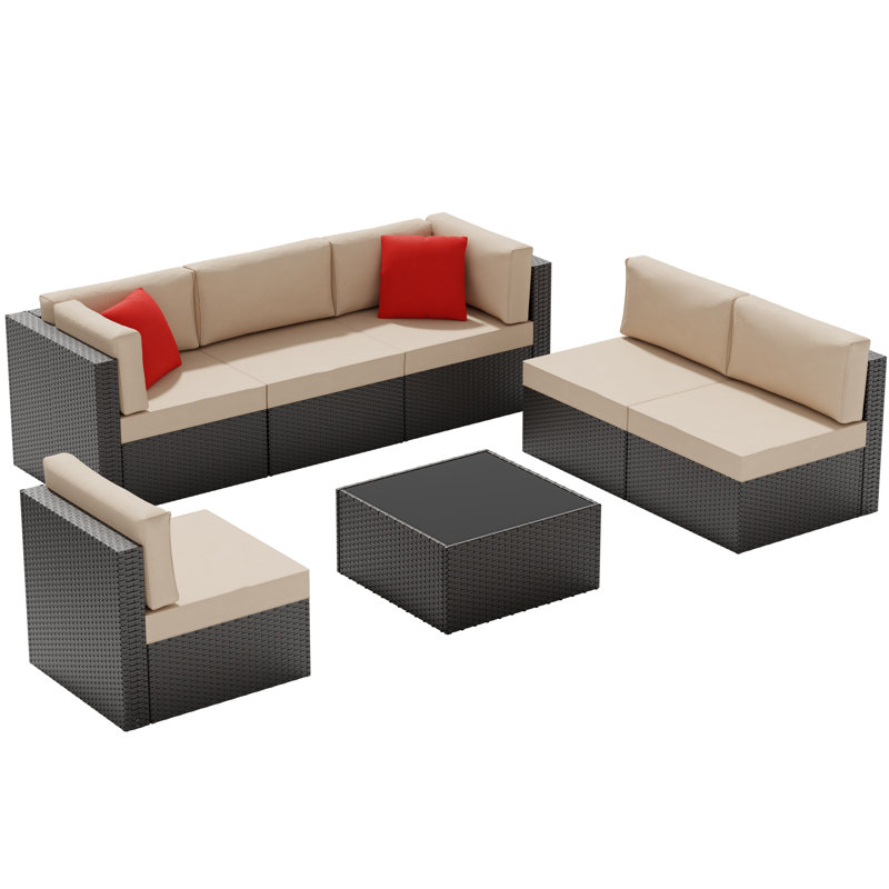 Ensemble de sièges modulaires d'extérieur en rotin 7 pièces pour meubles de patio, Kaki