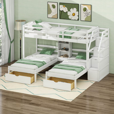 Triple lits superposés avec escalier et tiroirs de rangement, lit superposé simple au-dessus de simple et simple, structure en bois avec 3 lits superposés et tablettes intégrées