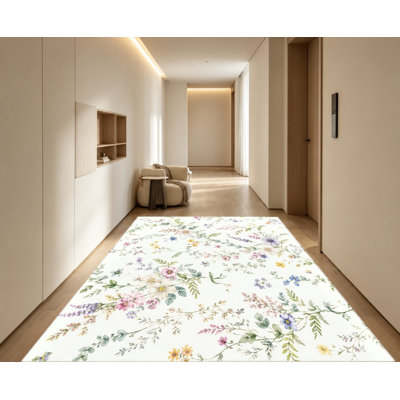 Watercolor Floral Area Rug, Delicate Pink Lavender Blue Blossoms, Artistic Vintage Style Non‑Slip Floor Carpet, Lightweight Indoor Home Decor for Living Room, Bedroom, Hallway, Kitchen, Dormitory, Balcony
