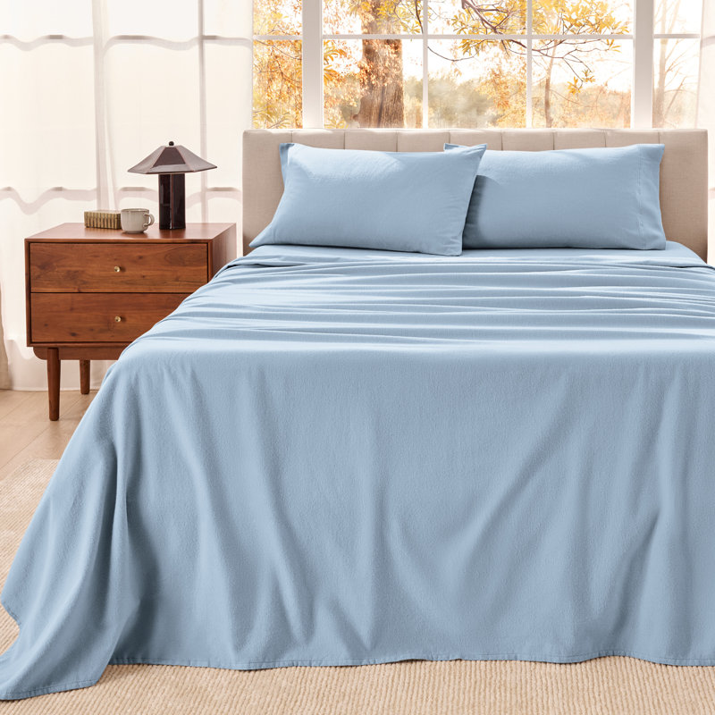 Ensemble de draps en flanelle 100% coton biologique, Ensemble literie pour lit simple, Bleu clair